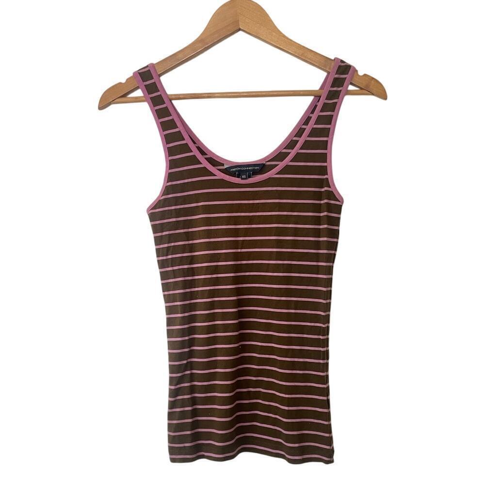 French Connection Brown and Pink Cotton Blend Striped Tank Top • Size XS ⬇️